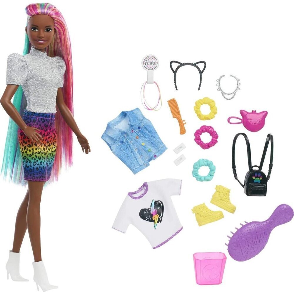 🆕 Barbie Leopard Rainbow Hair Doll Including Scrunchies Fashion Tops Cat Purse